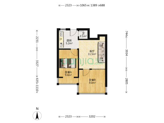 和平北路45号 2室1厅1卫 32平方