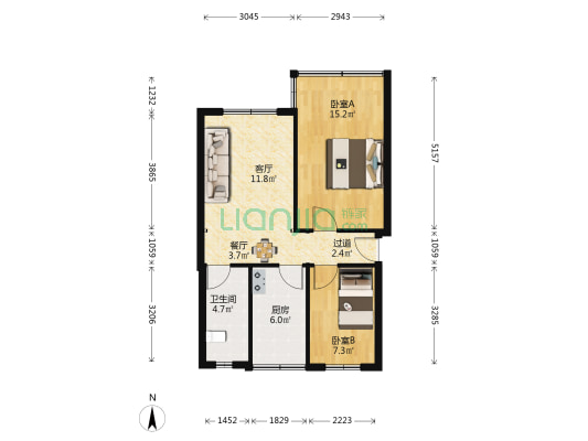 区委宿舍 2室2厅1卫 61平方