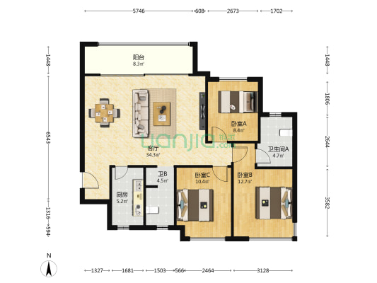 阳光城蜜桃园 3室1厅2卫 108平方