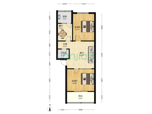 建元小区 2室2厅1卫 77平方