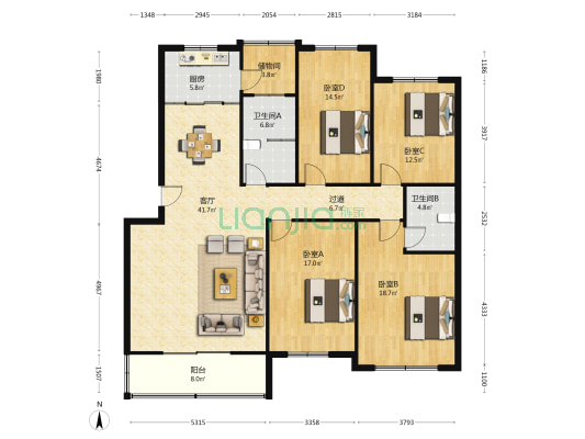 乐天小区二区 4室1厅2卫 160平方