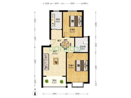 瀚龙苑 2室1厅1卫 76平方