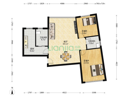 蓬莱大厦 2室1厅2卫 116平方