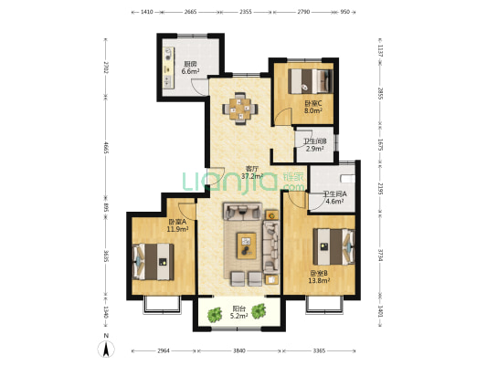 中新锦绣天地中苑四区北区 3室1厅2卫 130平方