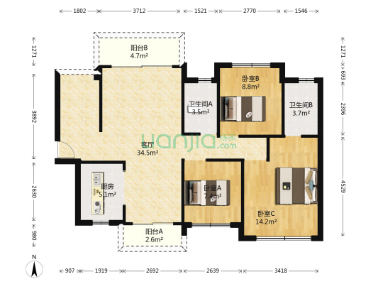 优格国际 3室1厅2卫 96平方