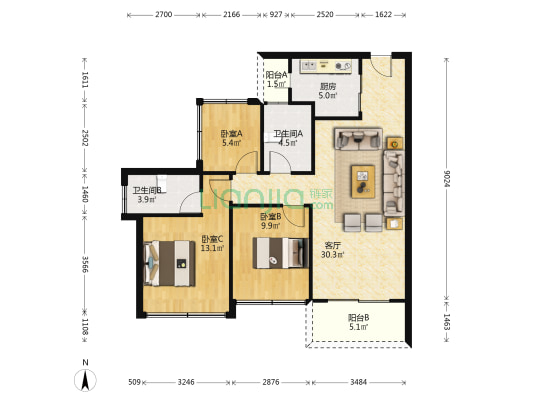 龙光玖龙府 3室1厅2卫 94平方