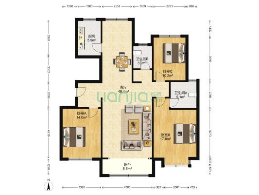 唐郡荷花园 3室1厅2卫 147平方
