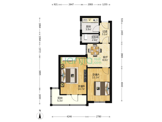 辛家庄三小区（逍遥二路） 2室1厅1卫 53平方