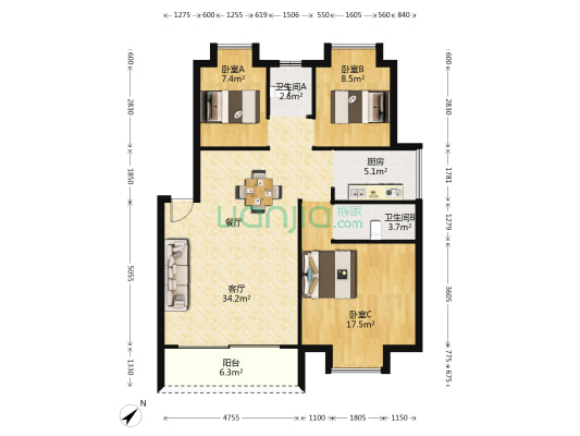 怡庭花园 3室1厅2卫 96平方