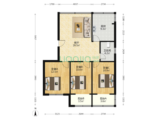 艺术研究院宿舍 3室1厅1卫 90平方
