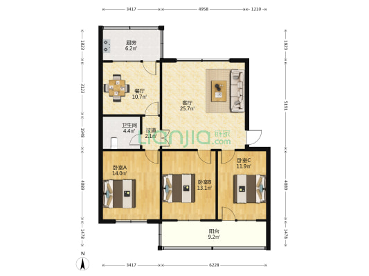 北门组团 3室2厅1卫 117平方