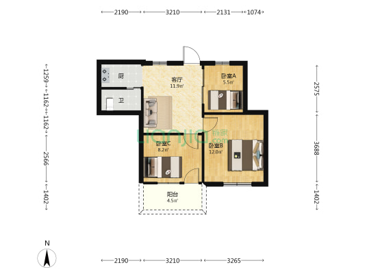 实达一区公寓 3室1厅1卫 62平方