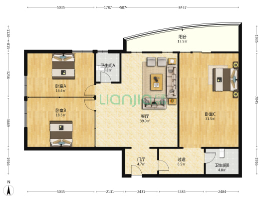 北辰国际 3室1厅2卫 186平方