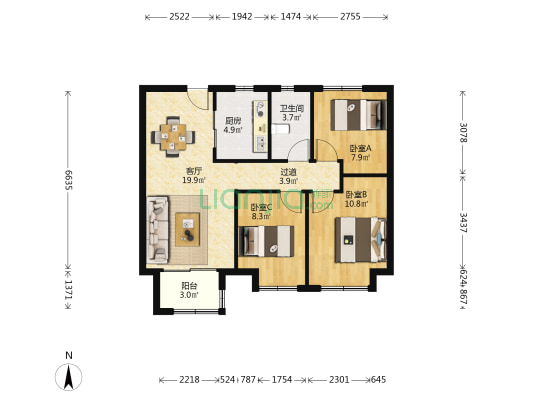 锦著天逸花园 3室1厅1卫 90平方