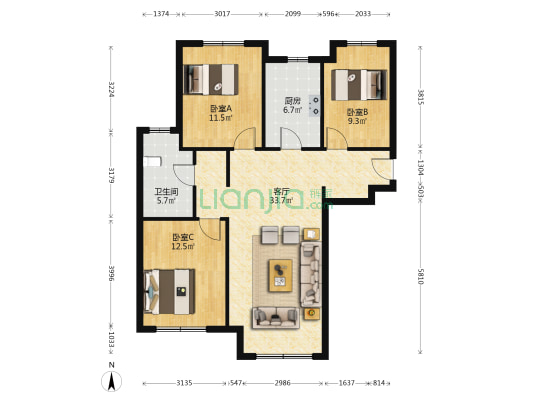 鸿坤新维港 3室1厅1卫 125平方