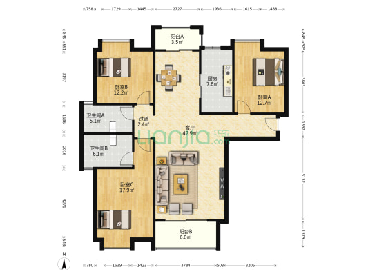 缘美公寓 3室1厅2卫 150平方