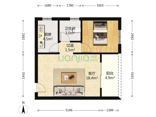 云景花园云桂苑 1室1厅1卫 53平方
