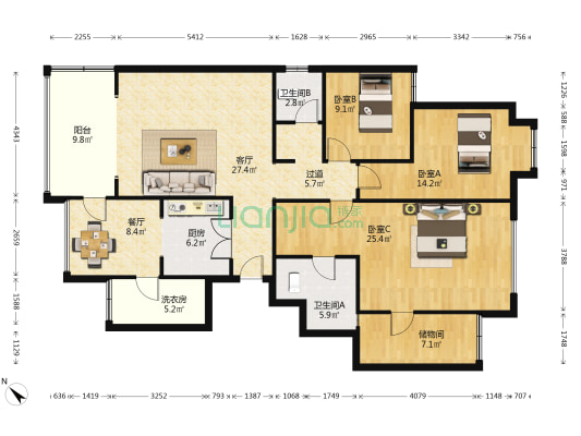 商业银行家属楼 3室2厅2卫 139平方