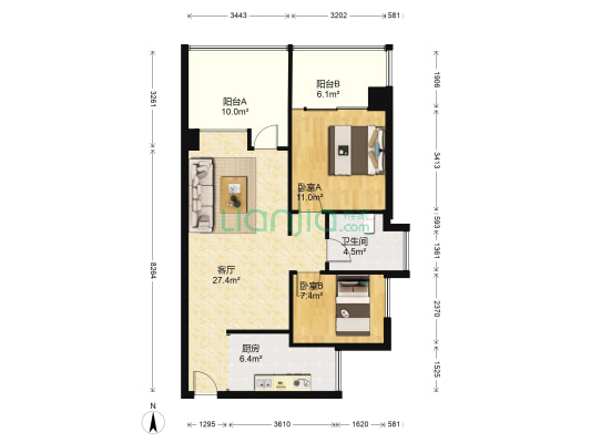华侨城纯水岸三期 2室1厅1卫 72平方