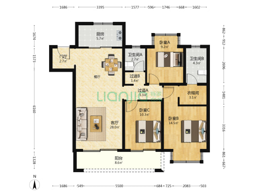 海尔翡翠文华H区 3室1厅2卫 126平方