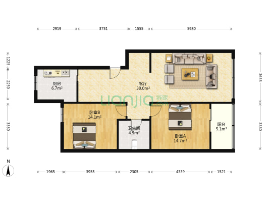 二道桥街6号 2室1厅1卫 106平方