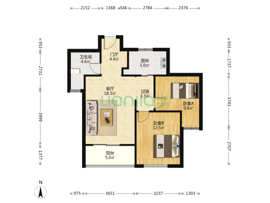 荣安望江南 2室1厅1卫 86平方