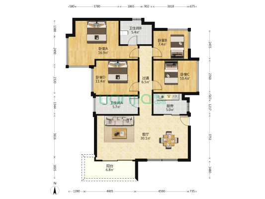 华发江南府 4室1厅2卫 139平方