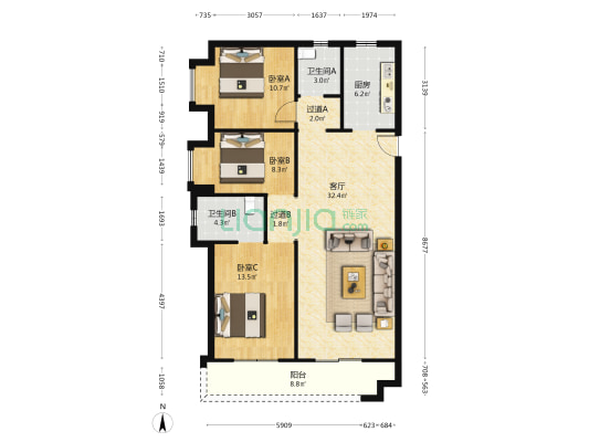 地铁时代云上城 3室1厅2卫 127平方