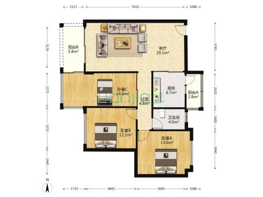 雍禾苑 3室1厅1卫 104平方