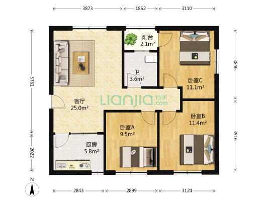 裕园小区 3室1厅1卫 89平方