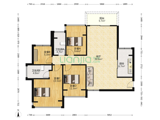 港铁天颂 4室1厅2卫 127平方
