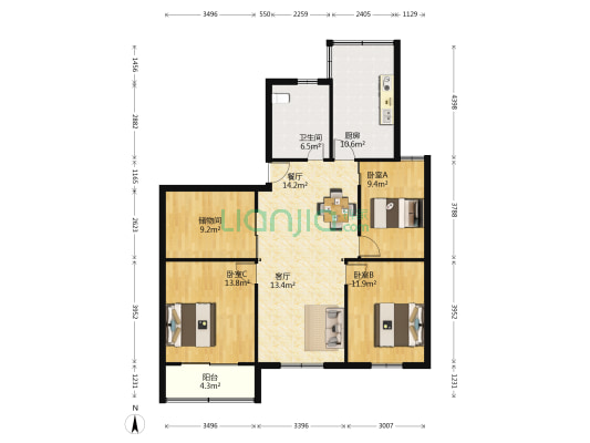 白玉兰公寓 3室2厅1卫 111平方