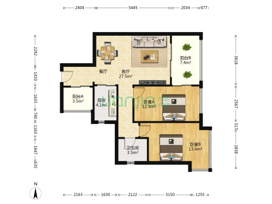 广州雅居乐花园新地沁园 2室1厅1卫 82平方