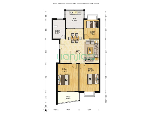 明珠城C区 3室1厅1卫 121平方