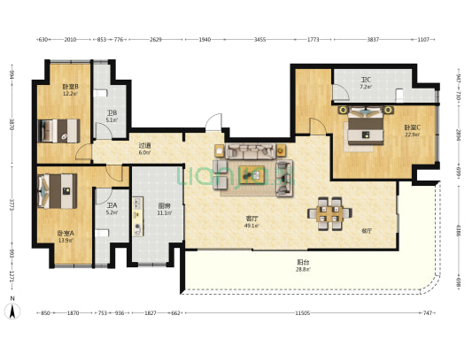 龙江金茂府 3室1厅3卫 199平方