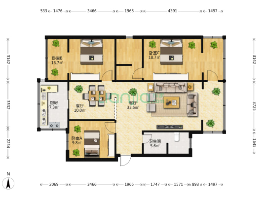 光明园 3室2厅1卫 122平方