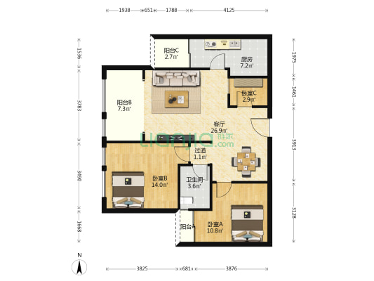 中恒江南天地A区 3室1厅1卫 95平方