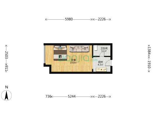 恒大绿岛新城A区 1室0厅1卫 36平方