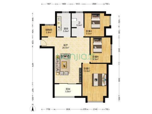 百大东兴家园 3室1厅1卫 111平方