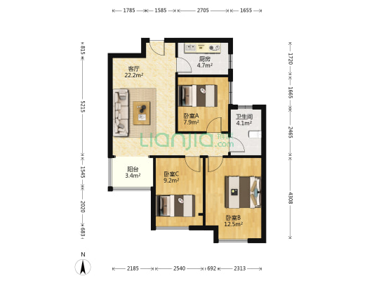 康桥悦城3号院 3室1厅1卫 89平方