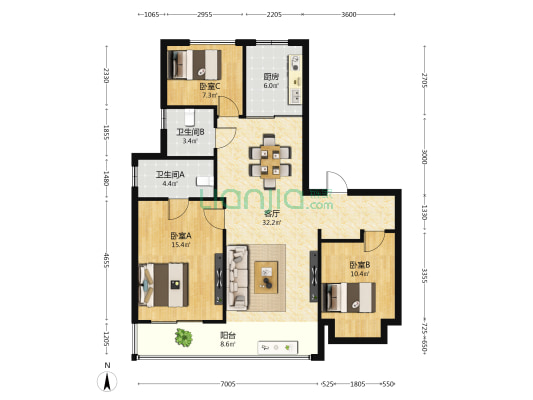 滨河润府 3室1厅2卫 126平方