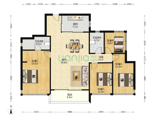 中海寰宇天下C区 4室1厅2卫 127平方