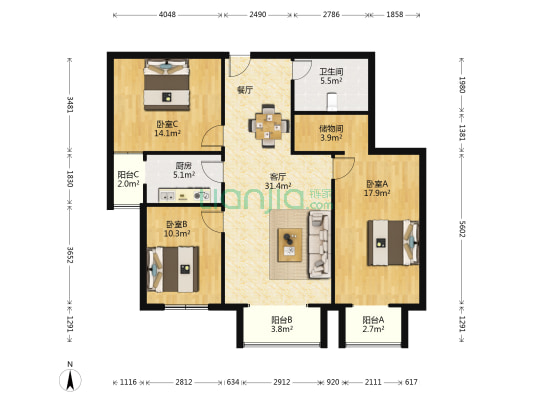 军安里 3室1厅1卫 131平方