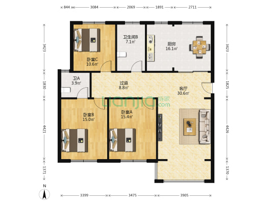 塍德小区一区 3室1厅2卫 128平方