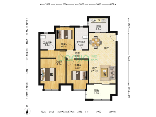 金隅金成公馆B区 3室1厅2卫 111平方