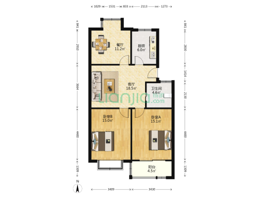 白领空间 2室2厅1卫 91平方