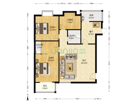 龙湾国际 2室2厅2卫 127平方