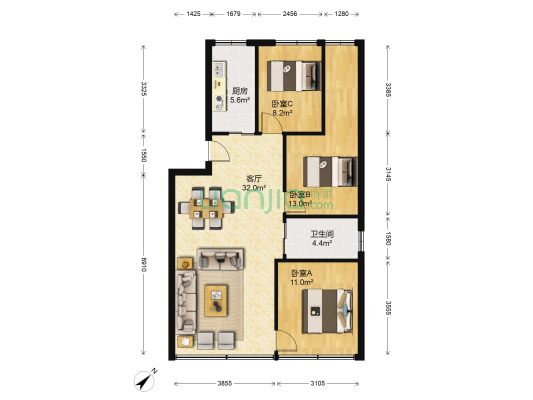 国水电九局 3室1厅1卫 75平方