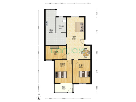 合肥市黄山路389号 3室1厅1卫 95平方