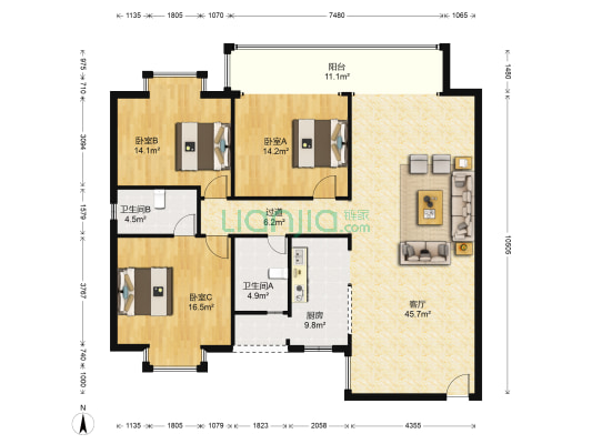 都之都 3室1厅2卫 135平方